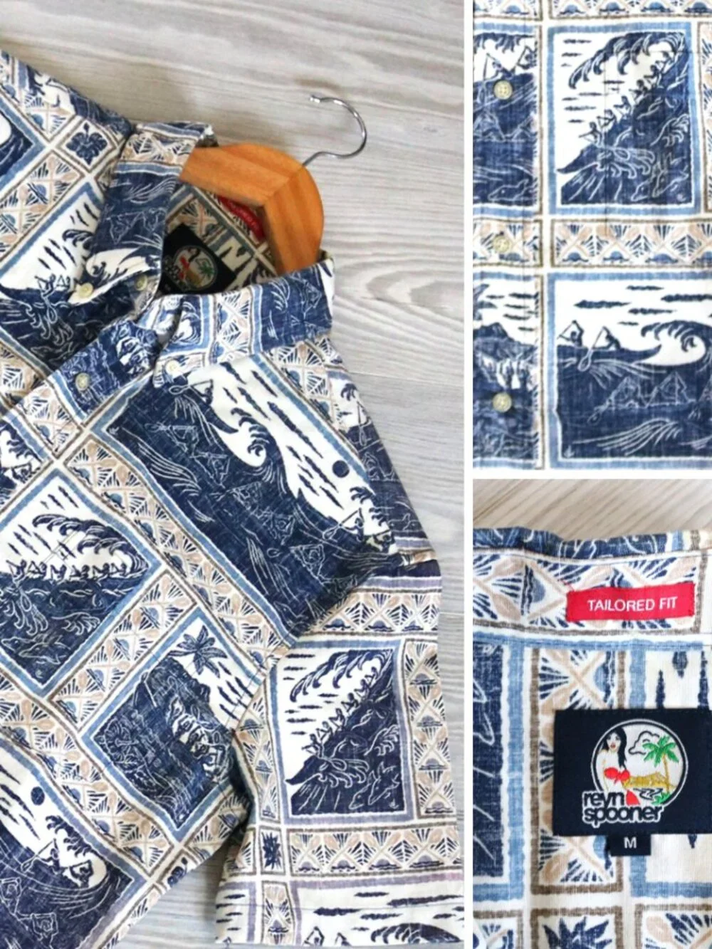 Reyn Spooner Men's Navy Molokai Wave Pigment Print Hawaiian Shirt Summer Size M